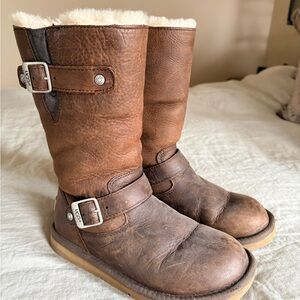 UGG Brown Leather Boots with Buckle Accents